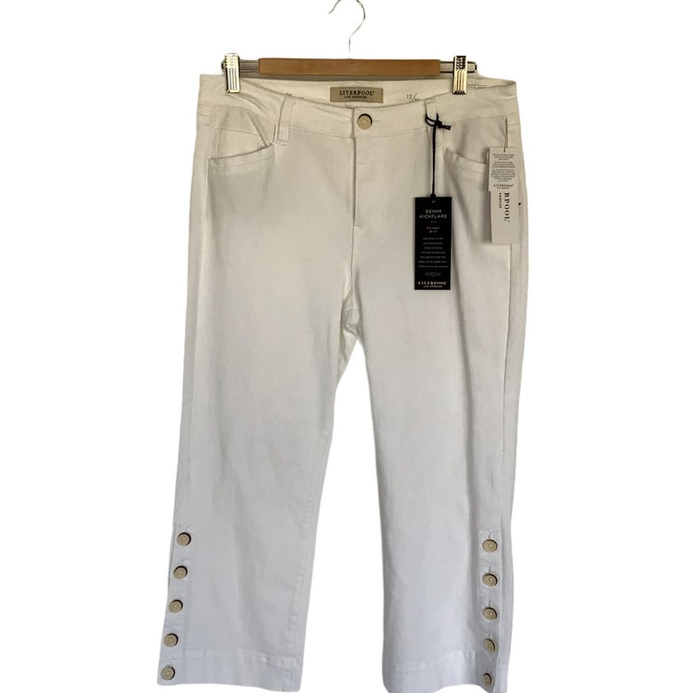 Liverpool 12 White Kick Flare Denim Capri Stretch